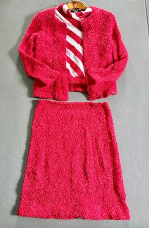 Y2K Cherry Red Fuzzy Knit 3 Piece Set Holiday Party Perfect Size S/M thumbnail 1