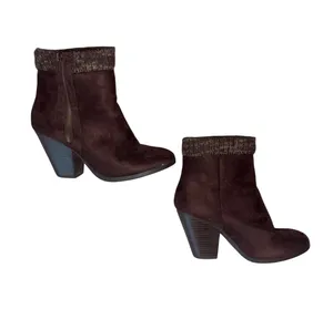 Shoedazzle Dark Brown Faux Suede Ankle Booties with Knit Cuff thumbnail 2