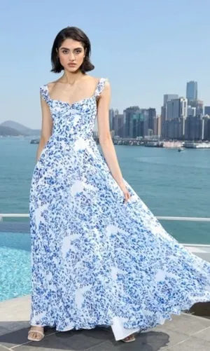 NWT Sau‎ Lee Womens Evangeline Blue Chiffon Printed Evening Dress Gown Size 10 thumbnail 1