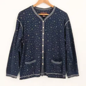 Earth Angels Floral Waffle Knit Cardigan Vintage 90s Size M Blue Cottage Pockets thumbnail 1