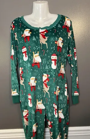 Xhilaration One-piece Pajamas Womens XS/S Green Christmas Santa Reindeer Zip thumbnail 1
