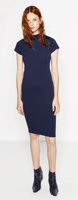 Zara Navy Blue Short Sleeve Mock Neck Zipper Midi Bodycon Sheath Dress Size L thumbnail 1