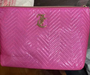 Juicy Couture pink glittery chevron cosmetic bag with gold logo thumbnail 1