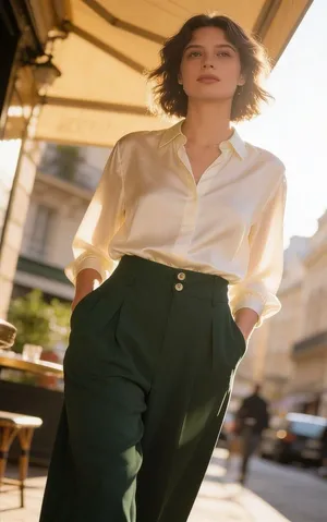 Women's High Waisted Dark Green Wide Leg Pants Double Button Pleated Dress thumbnail 1