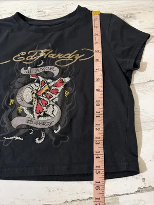 Ed Hardy Black Crop Baby Doll Tee with Red Butterfly & Gold Script thumbnail 9