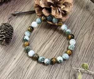 Women’s Protection Natural Tiger Eye & Tree Agate 8mm Bangle Bracelet thumbnail 2