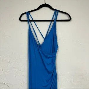 Lulus Blue High Slit Ruched Maxi Dress Women’s M Spaghetti Strap Baddie Bodycon thumbnail 2