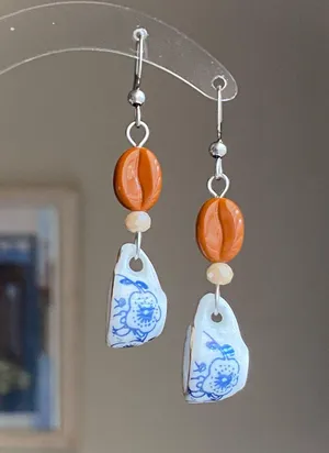 Handmade porcelain mug cup & coffee beans unique fun fairy antique style dangle earrings☕️🍃🌀 thumbnail 1