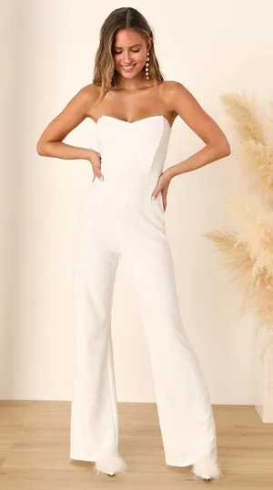 Lulus Fashionista Nights Ivory Strapless Bustier Wide-Leg Jumpsuit Party Medium thumbnail 1