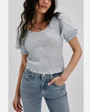 NEW Free People Cecelia Puff Sleeve Smocked embroidered Rosette Cute Top L thumbnail 1