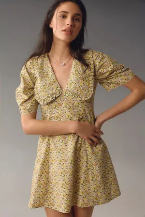 Anthropologie Yellow Floral Mini Dress Ruffle Short Sleeve Collared Printed SZ 4 thumbnail 1