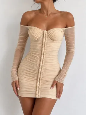 Privy Off-Shoulder Ruched Bodycon Mini Dress in Nude thumbnail 1