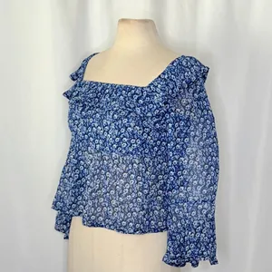 Anthropologie MAEVE Square Neck Sheer Babydoll Top Blue White Floral Large‎ thumbnail 7