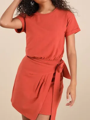 LULU’S Ioana Rust Red Short Sleeve Pleated Faux-Wrap Mini Dress thumbnail 1