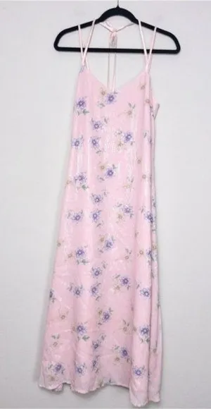 NEW Endless Rose Free The Roses Sequin Floral Slip Maxi Dress S Pink Halter Tie thumbnail 1