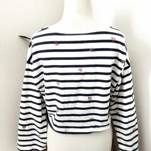 Madewell Shirt Striped Embroidered Floral Cropped Bell Sleeve Tee Stripe Coastal thumbnail 4