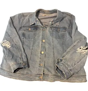 Haute Hippie Tribe Distressed Light Wash Denim Jean Jacket Silver Tone Sz 3X thumbnail 1