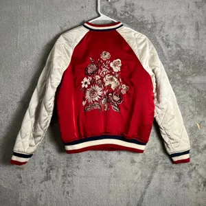Vintage American Eagle Red Embroidered Bomber Jacket Floral Quilted Streetwear M thumbnail 2
