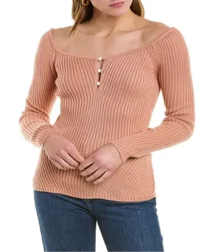 BCBGMAXAZRIA Merino Wool Blend Ribbed Off Shoulder Sweater Top Blush Sz‎ M thumbnail 1