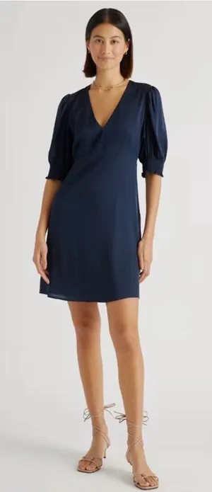 Quince Washable Stretch Silk Puff Sleeve Mini Dress Medium Navy Minimal Fall thumbnail 1