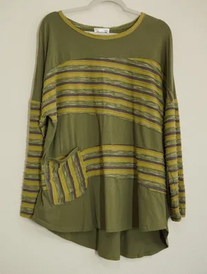 Neon Buddha 1X Tunic Top Green Striped Raw Edge Cotton Pocket Lagenlook Indie thumbnail 1