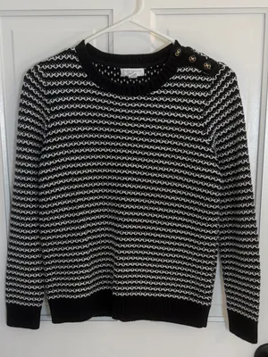 Charter Club Petite Black White Button Shoulder Knit Sweater P/M thumbnail 1