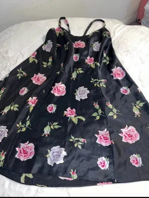 Floral Satin Slip Chemise in Black with Pink & Lavender Roses thumbnail 2