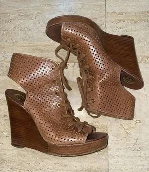Tory Burch Brown Perforated‎ Gladiator Wedge Heel Sandals 10M thumbnail 1