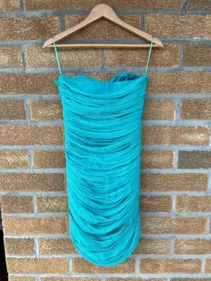 Marley Teal Chiffon Ruched Mini Dress S Strapless Turquoise Party Y2K thumbnail 8