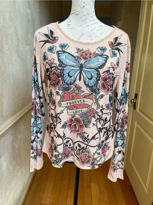 Madden Girl Y2K Tattoo Print Mesh Long Sleeve Top Butterflies Hearts Roses 2XL thumbnail 4