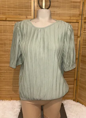 Wonderly Elbow Sleeve Plisse Bubble Top moss light green blouse woman’s S small thumbnail 1
