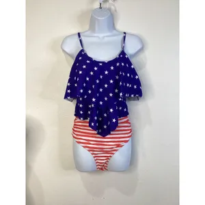 Adisputent Womens Patriotic Stars Stripes Ruffle Bikini Set Blue Red White‎ M thumbnail 2