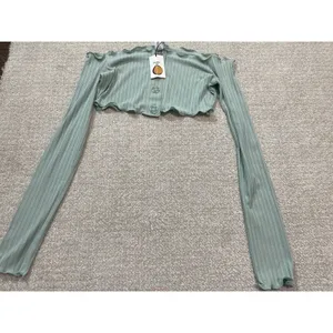 Ribbed Off-Shoulder Button Crop Top in Sage Green Size S Shell 91% Tencel thumbnail 2