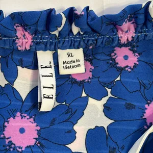 Elle Blue Floral Boho Blouse XL Tie Neck Long Sleeve thumbnail 2