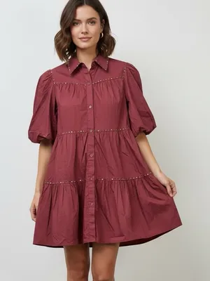 Tiered Puff-Sleeve Mini Dress in Burgundy size S thumbnail 1