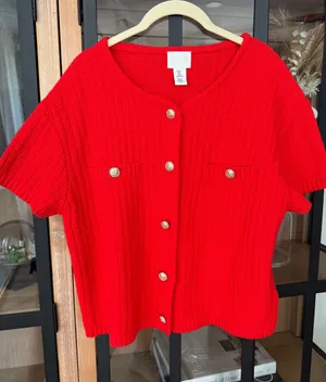 H&M sweater cardigan Structured Knit Short Sleeve gold buttons top pockets thumbnail 1