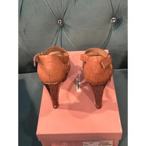 Miu Miu Tan Brown Leather Platform Heels Sandals Size 38.5 Authentic thumbnail 3