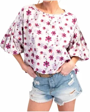 Easel Floral Print Bubble Sleeve Top in Lilac Size S thumbnail 1