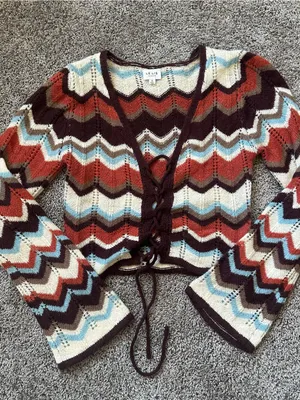 Le Lis Multicolor Chevron Lace-Up Cardigan in Cream, Rust, Burgundy & Light Blue thumbnail 1