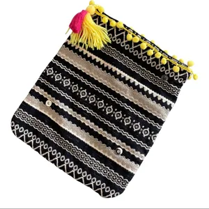 Just Fab Fold Over Bag Yellow Pom Pom Tassel‎ Trim Colorful Clutch Purse thumbnail 2