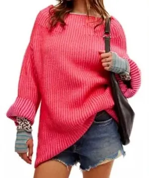 Free People Charlotte‎ Boat Neck Tunic Sweater Pink Oversized Chunky Knit M NWT thumbnail 1