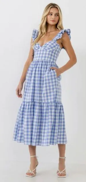 English Factory Sweetheart Neck Ruffle Gingham Midi Dress Blue White Size Medium thumbnail 1