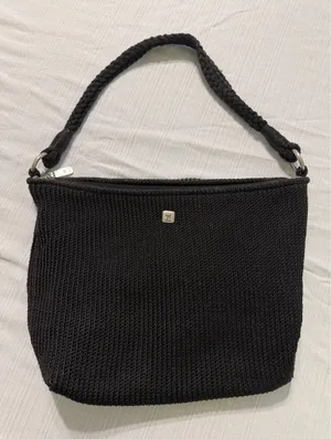 Lina Black Crochet Shoulder Bag Braided Strap Floral‎ Lining Hobo Handbag thumbnail 1