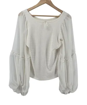 Anthropologie Blouse Womens Medium Ivory Smocked Sheer Balloon Sleeve Ruffle Top thumbnail 1
