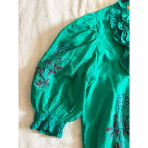 Oliphant Blouse Womens XS Ruffle Green Floral Puff Sleeve Tuckerneck thumbnail 3