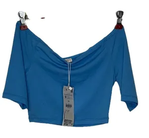 Zara Women Top Cropped Short Sleeve Off‎ Shoulder Stretch Blue Size Medium NWT thumbnail 1