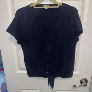 J.crew textured navy button up top with tie detail #minimalist #officewear thumbnail 1