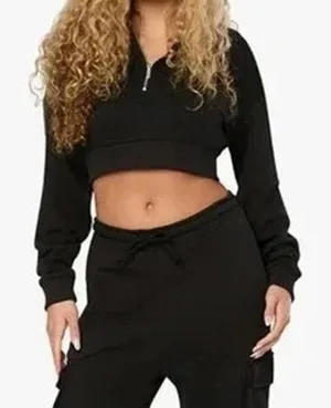 NWT WeWoreWhat Cropped Half Zip Fleece Cotton Hoodie Long Sleeve Small Black thumbnail 1