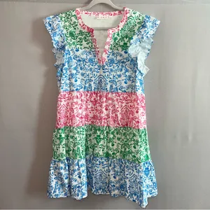 Roller Rabbit Hilla Tiered Block Print Mini Dress Multi-Color Cotton - Size L thumbnail 2