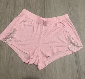 Soft Ribbed Lace-Trim Sleep Shorts in Light Pink thumbnail 1